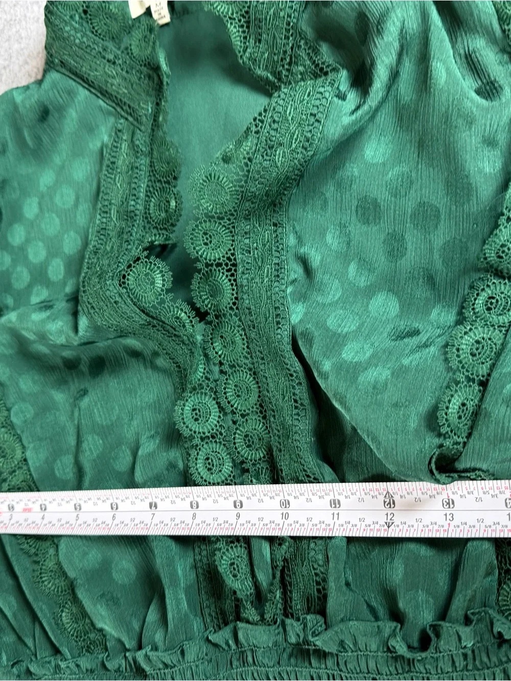 Max Studio Emerald Sheer Lace Satin Polka Dot Tiered Maxi Dress Forest Goddess - Picture 12 of 16